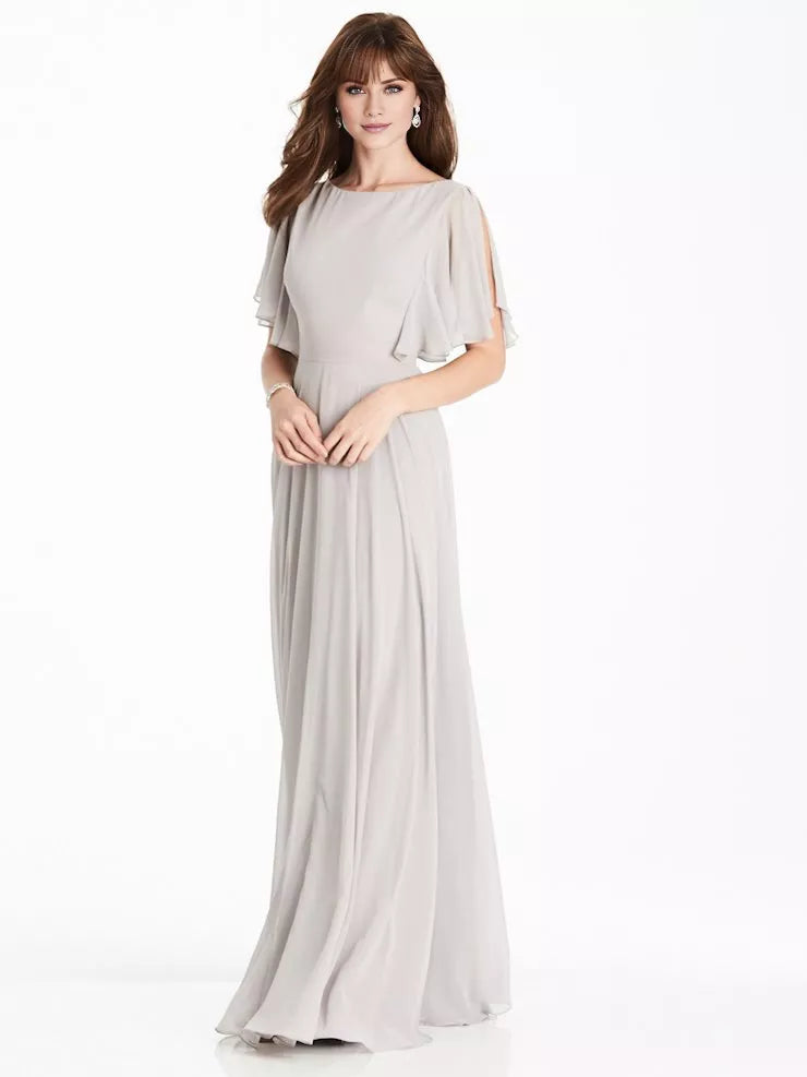 Round neck off shoulder ruffled short sleeved backless and floor length Prom dress